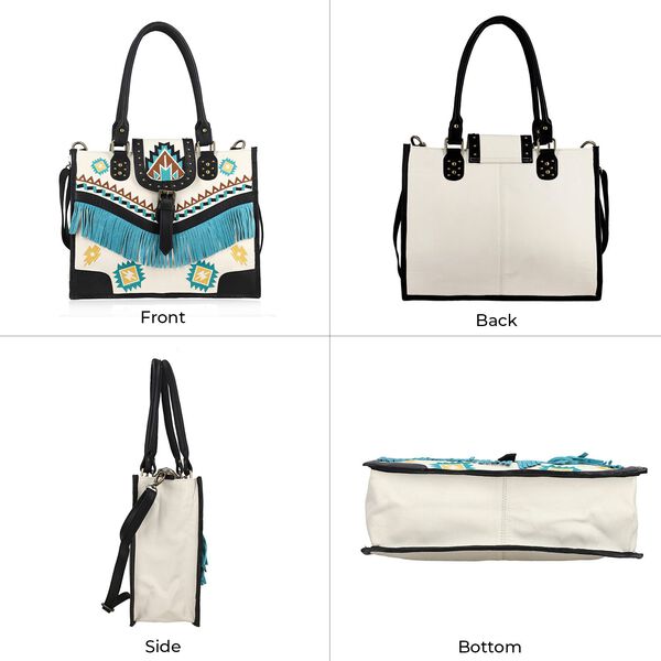 Handgefertigte Umhängetasche aus Echtleder mit Stickerei, Fransen und geometrischem Muster, Magnetverschluss, 28x24x18cm, Weiß image number 5