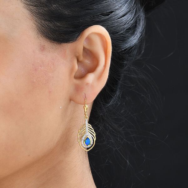 Pfau Quarz Triplette, Weißer Zirkon Ohrringe 925 Silber 750 Gelbgold Vermeil ca. 1.62 ct image number 3