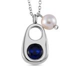 Blauer Kristall, Weiße Muschelkernperle Halskette ca. 50 cm Reiner Edelstahl