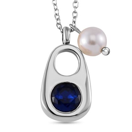 Blauer Kristall, Wei&szlig;e Muschelkernperle Halskette ca. 50 cm Reiner Edelstahl