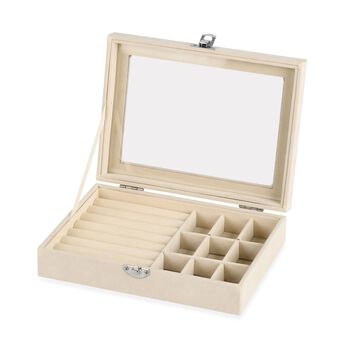Elegante Schmuckbox aus edlem Samt mit Glasdeckel, 20x15x5 cm, Cremebeige