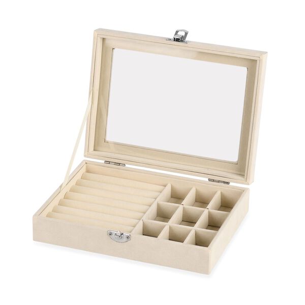 Elegante Schmuckbox aus edlem Samt mit Glasdeckel, 20x15x5cm, Cremebeige