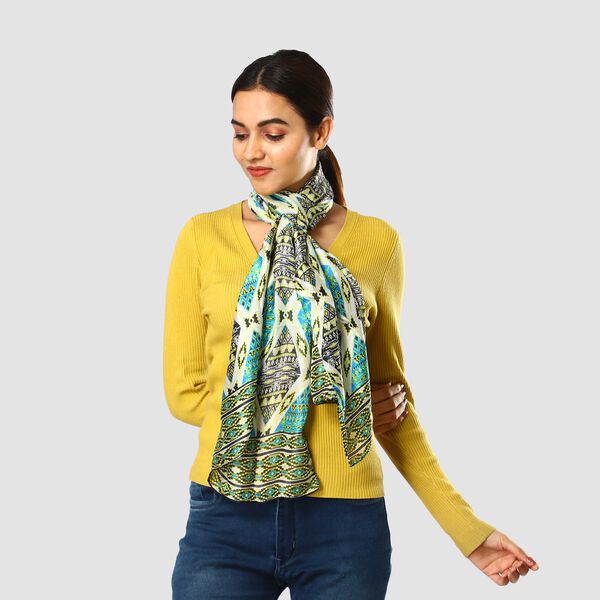 100% natürlicher Satin Seiden Schal, Rhombus Muster, Grün image number 3