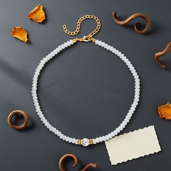 Muschelkernperle, Opalit und wei&szlig;e Kristall 40,5+10cm Halskette