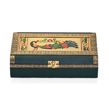 Handgefertigte Schmuckbox mit Pfau-Pr&auml;gung, oxidiertes Finish, 24,2x15x7 cm, Silber-gr&uuml;n