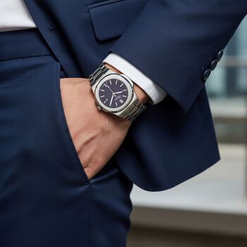 Genoa Time V2 - PC32 Japanisches Uhrwerk, Datumsanzeige, robustes Geh&auml;use in PNP-Stahloptik, blaues Zifferblatt mit hydraulischen Details, Edelstahlarmband