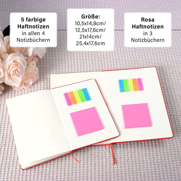 4-teiliges Notizbuch-Set mit Gummibandverschluss, Kunstleder und Papier, verschiedene Größen, Rot image number 4