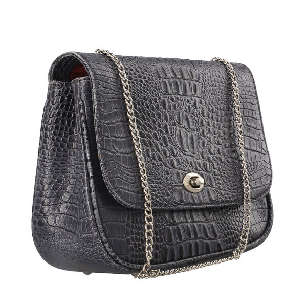 Umh&auml;ngetasche aus echtem Leder mit Kroko-Pr&auml;gung und Kettenriemen, Schwarz&nbsp; image number 4