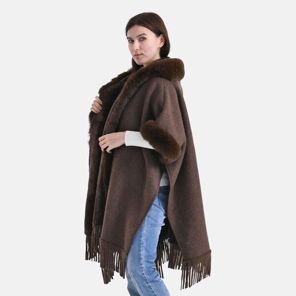LA MAREY - Poncho aus Webpelz mit Fransen und Fleecefutter, Einheitsgr&ouml;&szlig;e, Braun