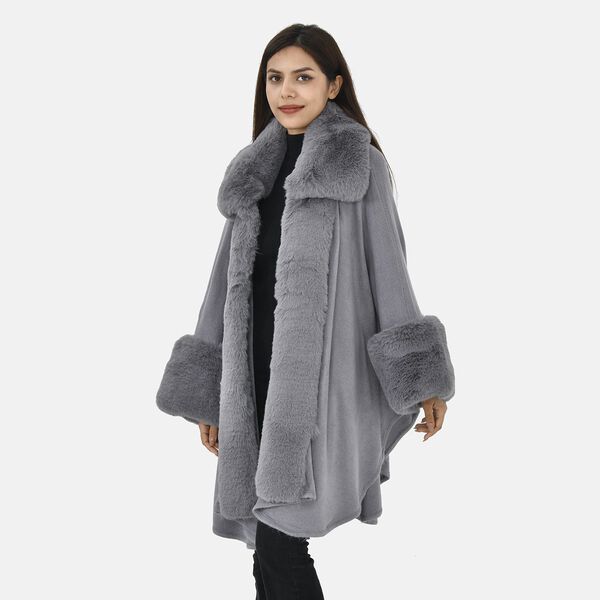 LA MAREY langer Mantel mit Kunstfellrand, Grau image number 3