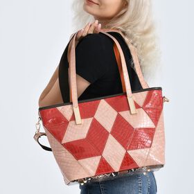 Chaos by Elsie Echtleder Shopper mit RFID, geometrisches Rauten Patchwork im 3D Würfel Look, Schlangenprägung mit Hochglanz Optik, 30 x 14 x 27 cm, Rot Rosé