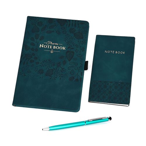 Premium Set; Notizbuch und Taschentagebuch mit geschnitztem, samtigem Hardcover und Kugelschreiber, Grün image number 0