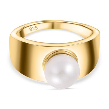 Weiße Süßwasser Perle Ring, 925 Silber Gelbgold Vermeil (Größe 16.00)