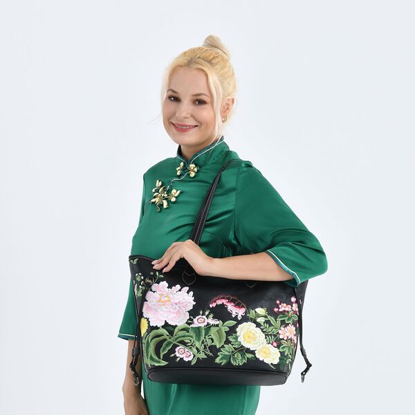 Bestickter Shopper, Kunstleder, Blumen Design, 46 x 15 x 28 cm, Schwarz image number 2