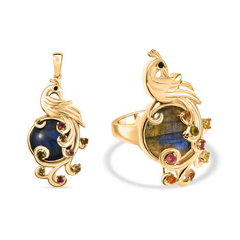 Labradorit, Multi-Turmalin und schwarzer Spinell Anh&auml;nger und Ring