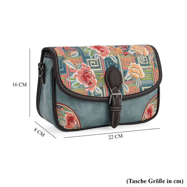 "PU Embroidered crossbody bag Color:Blue Size:22*8*16 cm   Wall: PU Lining: Polyester Exterior:zipped-2.pocket-1 Interior: zipped-1,slid-1" image number 7