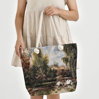 Gewebte Jute-Tasche mit Blumen, Schwanenmuster