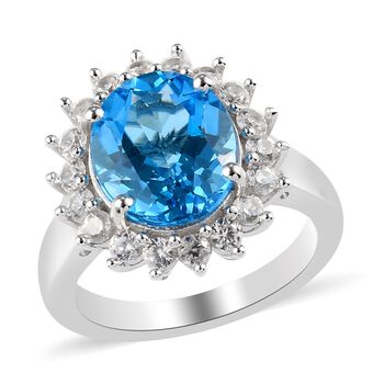 Schweizer Blautopas Halo Ring 925 Silber platiniert (Gr&ouml;&szlig;e 16.00) ca. 4,87 ct