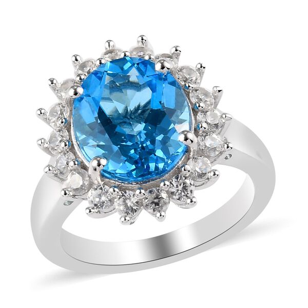 Schweizer Blautopas Halo Ring 925 Silber Platin-&Uuml;berzug