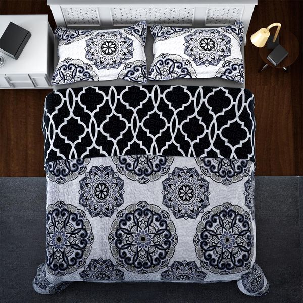 SERENITY NIGHT: 3er-Set - Bedruckte Steppdecke und 2 Kissenbez&uuml;ge, Schwarz-Wei&szlig; image number 4