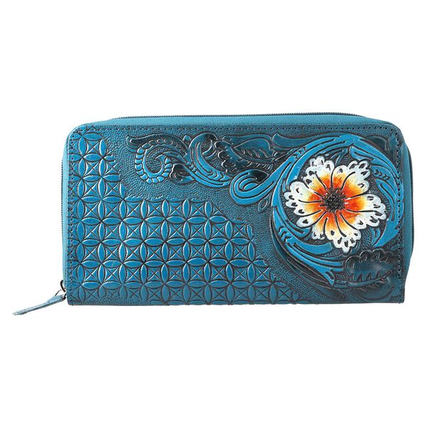 Gepr&auml;gte Lederb&ouml;rse mit RFID Schutz, florales Muster, 20x3x11cm, blau image number 4