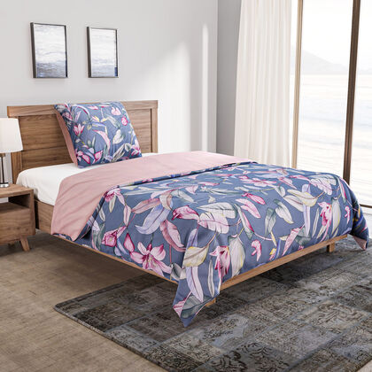 2er-Set, 3D Digitaldruck Bettbezug und Kissenbezug, Gr&ouml;&szlig;e 135x200 cm und 80x80 cm, Blatt- und Blumenmuster, Grau