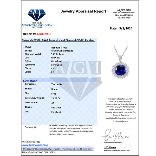 Chairman's Vault Collection - zertifiziert und geprüft RHAPSODY AAAA Tansanit und VS-EF Diamant Anhänger mit 45cm Kette in 950 Platin - 24,71 ct. image number 8