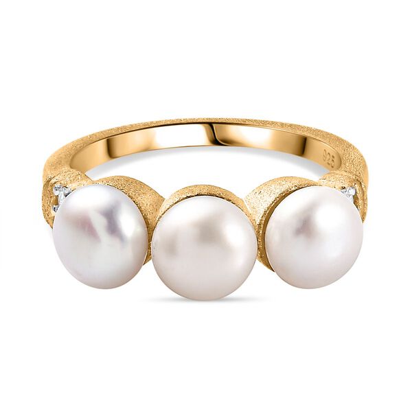 S&uuml;&szlig;wasser Perle, Wei&szlig;er Zirkon Ring, 925 Silber Gelbgold Vermeil (Gr&ouml;&szlig;e 19.00) ca. 0.09 ct