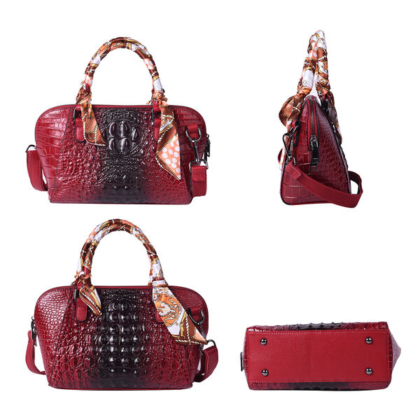 Luxushandtasche aus echtem Leder mit Kroko-Prägung und passendem Schal, Größe 25x9x19 cm, Rot image number 3