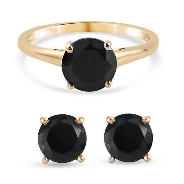 2er - Set Schwarzer Spinell Solit&auml;r Ring und Ohrstecker 925 Silber vergoldet ca. 2,88 ct