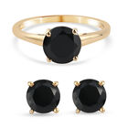 2er - Set Schwarzer Spinell Solitär Ring und Ohrstecker 925 Silber vergoldet ca. 2,88 ct