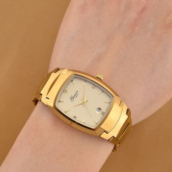 GENOA - Armbanduhr mit Datumsanzeige, Japanische-Uhrwerk mit Wei&szlig;er Kristall, Wolframstahlgeh&auml;use, Reiner Edeslstahl, Goldfarben