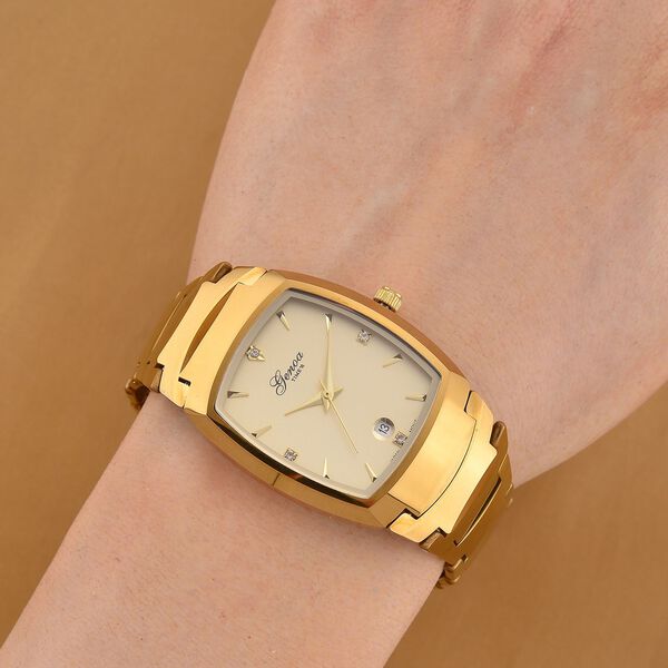 GENOA - Armbanduhr mit Datumsanzeige, Japanische-Uhrwerk mit Weißer Kristall, Wolframstahlgehäuse, Reiner Edeslstahl, Goldfarben image number 1