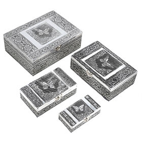 4-teiliges Set handgefertigter Aluminiumboxen mit Schmetterling-Motiv, Größen von 24x17x9 cm bis 13x6,5x3 cm