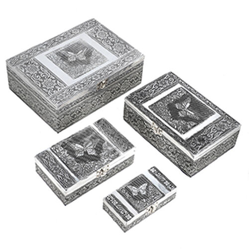 4-teiliges Set handgefertigter Aluminiumboxen mit Schmetterling-Motiv, Größen von 24x17x9 cm bis 13x6,5x3 cm image number 0
