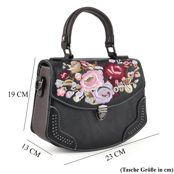 Kompakte Kunstprint Crossbody Tasche mit floralem Design, 23x9x17cm, Schwarz image number 7