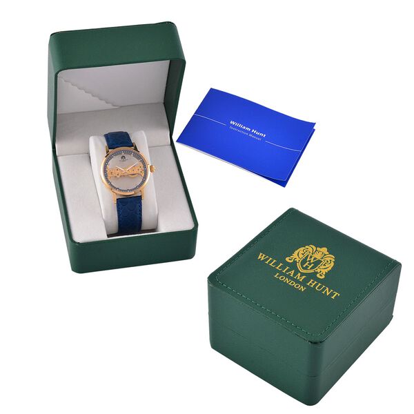 William Hunt Automatik-Uhr, Hohles Zifferblatt mit weißen Kristallen, Blau Lederarmband, 5ATM wasserdicht image number 8