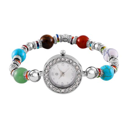 STRADA - Mehrfarbige Edelsteine, Mehrfarbiger Kristall Flexibles Armband-Uhr, ca. 18-19 cm, Schwarz oxidiert