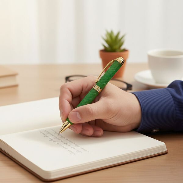 13.4*1.3cm(5.25*0.63inch  )carving Twisted Burmese Natural Green Jadeite pen ( ball pen) ,white crystal,metal:Alloy,plating:YG overlay,cutting on metal,approx weight:44.1grams image number 2