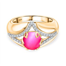 Mondlicht und Bl&uuml;te - Maulbeer Mondstein, Wei&szlig;er Zirkon Ring, 925 Silber 750 Gelbgold Vermeil (Gr&ouml;&szlig;e 20.00) ca. 2.76 ct