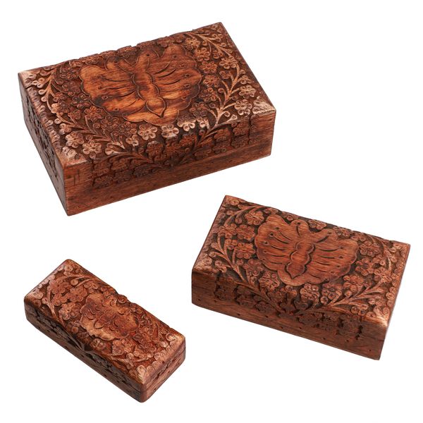 3er Set Handgeschnitzes Boxen aus Sheeshamholz mit Kaschmir und Schmetterling, 21x13 cm image number 3