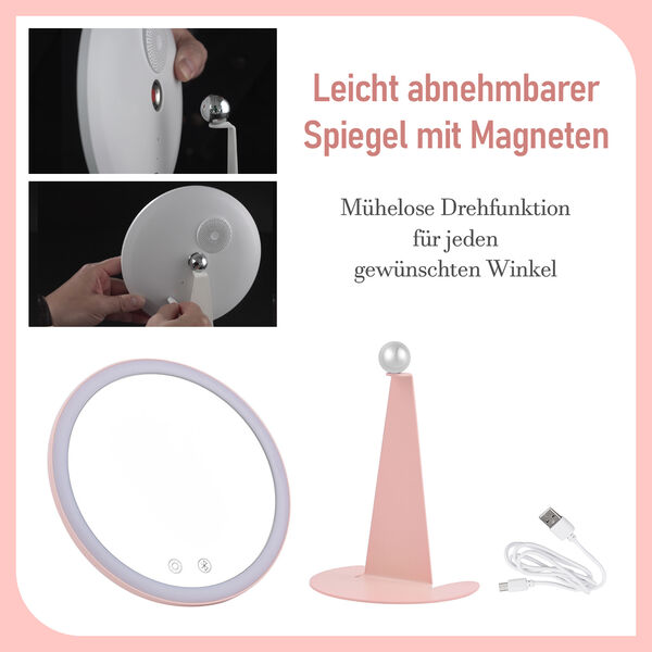 LED-Schminkspiegel mit Bluetooth-Audio und USB-Ladekabel, Rosa image number 5