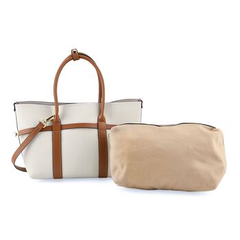 Leder Shopper Set 2 teilig mit Magnetfach und Rei&szlig;verschlussfach 35 x 11 x 20 cm Wei&szlig; Braun