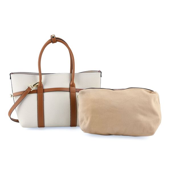 Leder Shopper Set 2 teilig mit Magnetfach und Rei&szlig;verschlussfach 35 x 11 x 20 cm Wei&szlig; Braun
