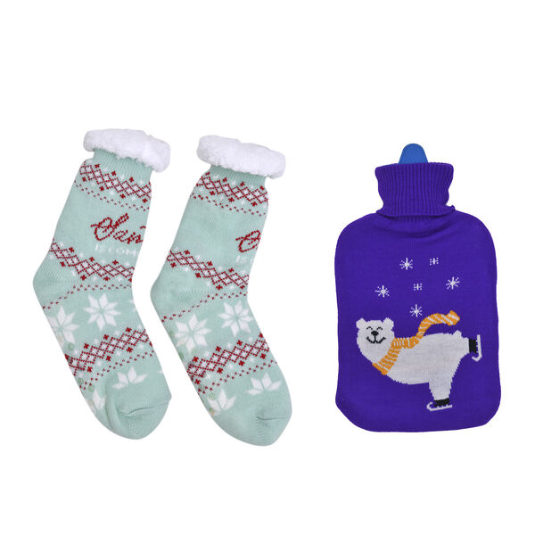 2er-Set Wärmflasche mit Strickbezug, 2000ml und 1 Paar rutschfeste Haus Socken mit Sherpa Futter, Einheitsgröße 18x32 cm  image number 6