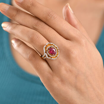 D'Joy Afrikanischer Rubin (Fissure gef&uuml;llt), Wei&szlig;er Zirkon Ring 925 Silber 750 Gelbgold Vermeil (Gr&ouml;&szlig;e 17.00) ca. 3,75 ct