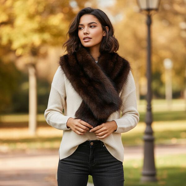 Schal mit Kunstfell in Felloptik, Einheitsgröße, Dunkelbraun image number 2