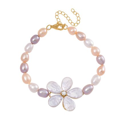 Keshi Perle (12x9 mm), Mehrfarbige S&uuml;&szlig;wasser Perle (7-8mm) Armband ca. 18 cm + 5 cm Extender, 925 Silber vergoldet