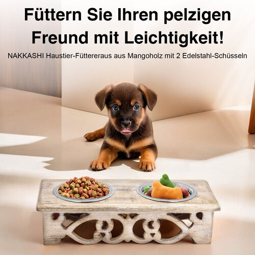 NAKKASHI Haustier-Futternapf aus Mangoholz mit 2 Edelstahl-Schüsseln image number 1