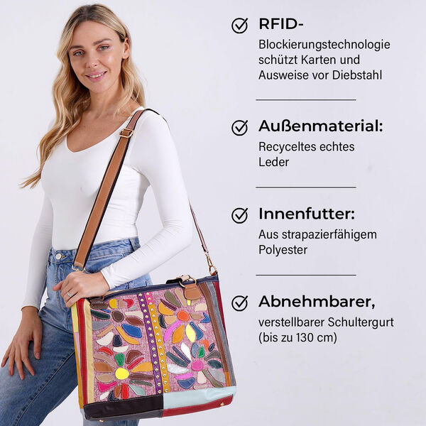 Chaos by Elsie Echtleder Crossbody Tasche mit RFID, Pink mit Blumen, 2 Außentaschen, 1 Innen-Reißverschlusstasche, Mini-Flashlight image number 3